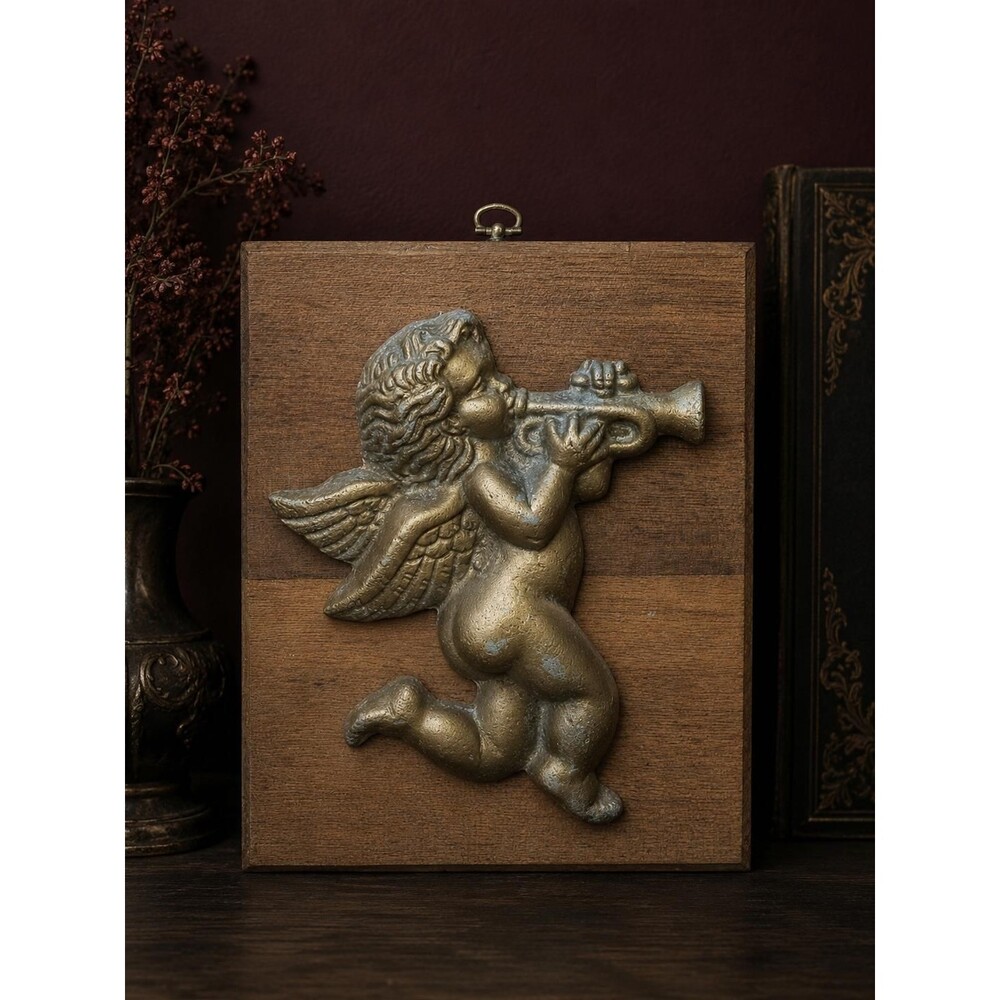 Vintage Cherub Wall Plaque Cast Metal on Wood | Gold Angel Gallery Wall Decor